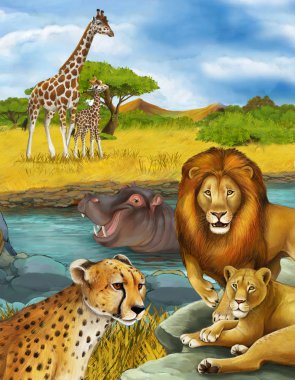 Nehirde, aslanda ve çitada yüzen hipopotamların olduğu çizgi film sahnesi