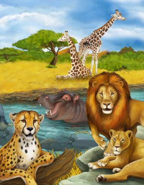 Nehirde, aslanda ve çitada yüzen hipopotamların olduğu çizgi film sahnesi