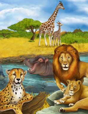 Nehirde, aslanda ve çitada yüzen hipopotamların olduğu çizgi film sahnesi