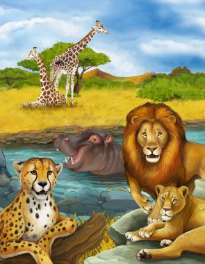 Nehirde, aslanda ve çitada yüzen hipopotamların olduğu çizgi film sahnesi