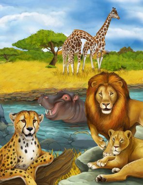 Nehirde, aslanda ve çitada yüzen hipopotamların olduğu çizgi film sahnesi