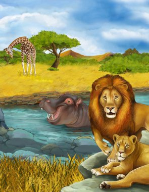 Nehirde yüzen su aygırları ve aslan resimli karikatür sahnesi
