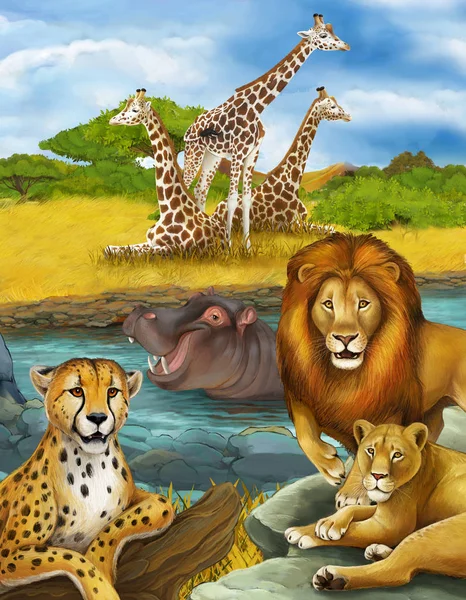 Tecknad scen med flodhäst flodhäst simning i floden och lejon och gepard — Stockfoto
