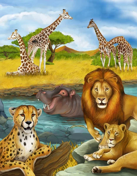Σκηνή κινουμένων σχεδίων με ιπποπόταμο ιπποπόταμο κολύμπι στο ποτάμι και λιοντάρι και τσίτα — Φωτογραφία Αρχείου