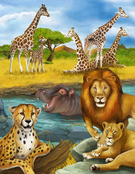 Tecknad scen med flodhäst flodhäst simning i floden och lejon och gepard — Stockfoto