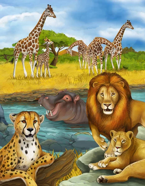 Scena dei cartoni animati con ippopotamo ippopotamo nuotare nel fiume e leone e ghepardo — Foto Stock