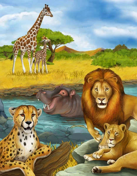 ヒッポパカス・ヒポが川やライオンやチーターで泳いでいる漫画シーン — ストック写真