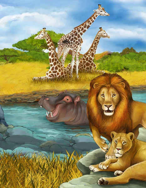 Kreslená scéna s hrochem hrocha plavání v řece a lev ilustrace — Stock fotografie