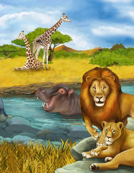 Cena dos desenhos animados com hipopótamo hipopótamo nadando no rio e leão ilustração — Fotografia de Stock