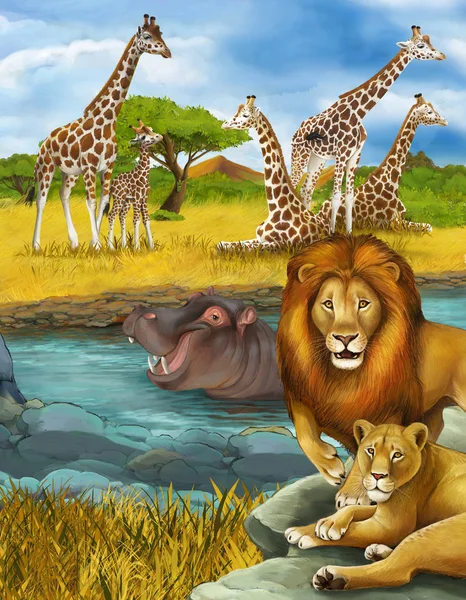 以河马、河马、狮子为代表的卡通场景 — 图库照片