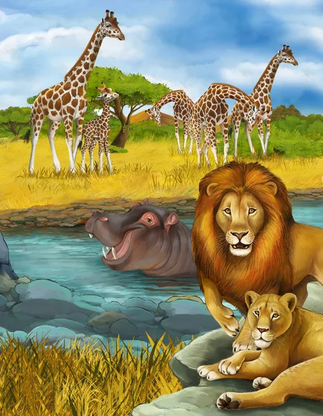 以河马、河马、狮子为代表的卡通场景 — 图库照片