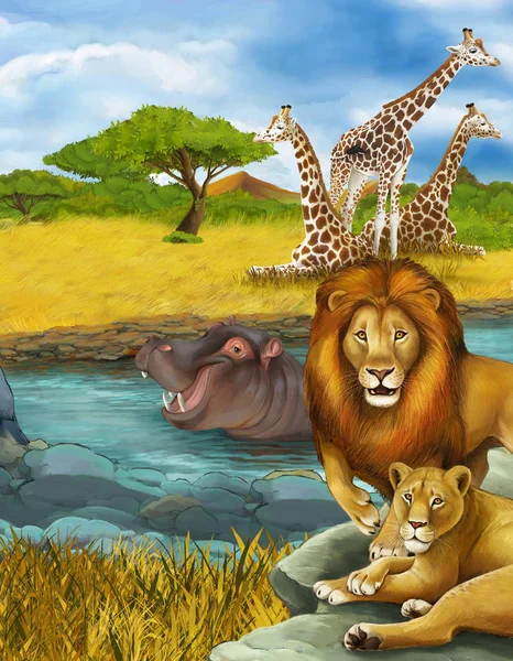 Tecknad scen med flodhäst flodhäst simning i floden och lejon illustration — Stockfoto