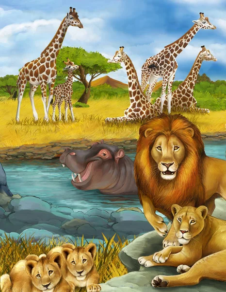 Escena de dibujos animados con hipopótamo hipopótamo nadando en río y león — Foto de Stock