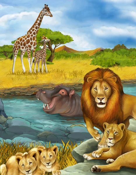 Мультяшна сцена з гіпопотамасом хіппо плаває в річці і леві — стокове фото