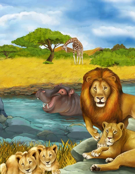 Escena de dibujos animados con hipopótamo hipopótamo nadando en río y león —  Fotos de Stock