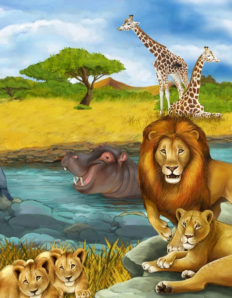 Σκηνή κινουμένων σχεδίων με ιπποπόταμο ιπποπόταμο κολύμπι στο ποτάμι και το λιοντάρι — Φωτογραφία Αρχείου
