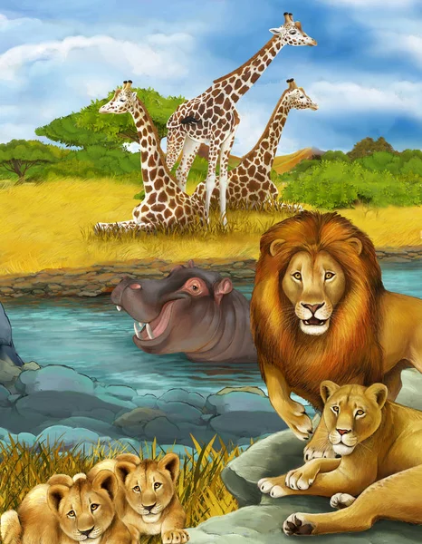 Escena de dibujos animados con hipopótamo hipopótamo nadando en río y león —  Fotos de Stock