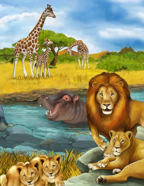 Scena dei cartoni animati con ippopotamo ippopotamo nuotare nel fiume e leone — Foto Stock