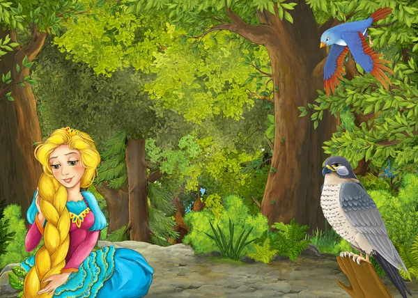 Cartoni animati scena estiva con prato nel bosco con bella pr — Foto Stock