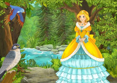 Ormanda çayırların olduğu karikatür yaz sahnesi güzel bir halkla ilişkiler.