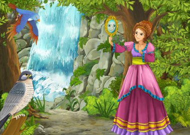 Ormanda çayırların olduğu karikatür yaz sahnesi güzel bir halkla ilişkiler.