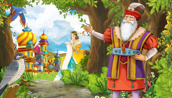 cartoon summer scene with meadow in the forest with beautiful pr