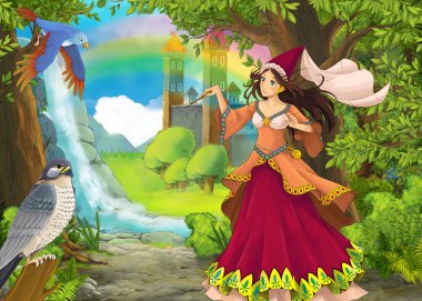 Ormanda çayırların olduğu karikatür yaz sahnesi güzel bir halkla ilişkiler.