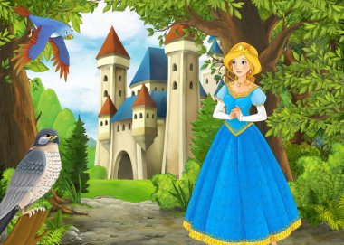 Ormanda çayırların olduğu karikatür yaz sahnesi güzel bir halkla ilişkiler.