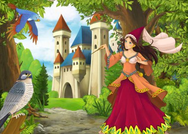 Ormanda çayırların olduğu karikatür yaz sahnesi güzel bir halkla ilişkiler.