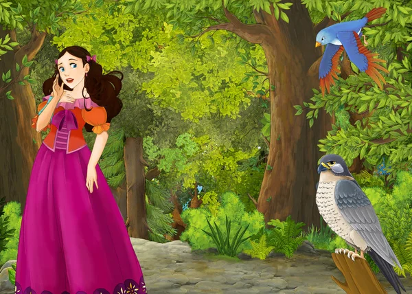 Escena de verano de dibujos animados con prado en el bosque con hermosa pr — Foto de Stock
