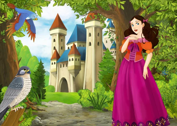 Cartoon summer scene with meadow in the forest with beautiful pr — 스톡 사진