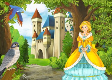 Ormanda çayırların olduğu karikatür yaz sahnesi güzel bir halkla ilişkiler.