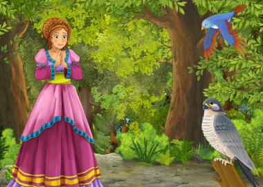 Ormanda çayırların olduğu karikatür yaz sahnesi güzel bir halkla ilişkiler.