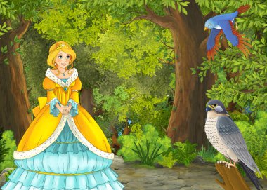 Ormanda çayırların olduğu karikatür yaz sahnesi güzel bir halkla ilişkiler.