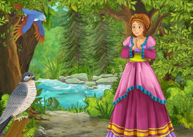 Ormanda çayırların olduğu karikatür yaz sahnesi güzel bir halkla ilişkiler.