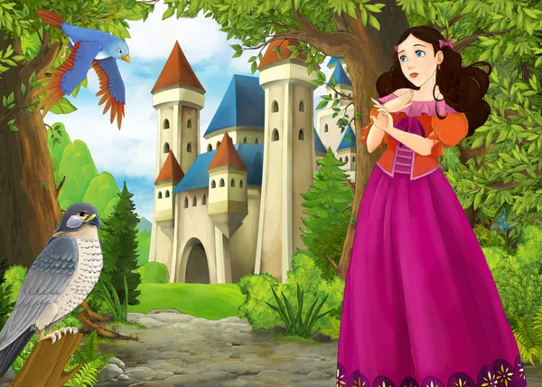 Cartoon summer scene with meadow in the forest with beautiful pr — 스톡 사진