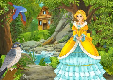 Ormanda çayırların olduğu karikatür yaz sahnesi güzel bir halkla ilişkiler.