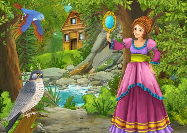 Ormanda çayırların olduğu karikatür yaz sahnesi güzel bir halkla ilişkiler.