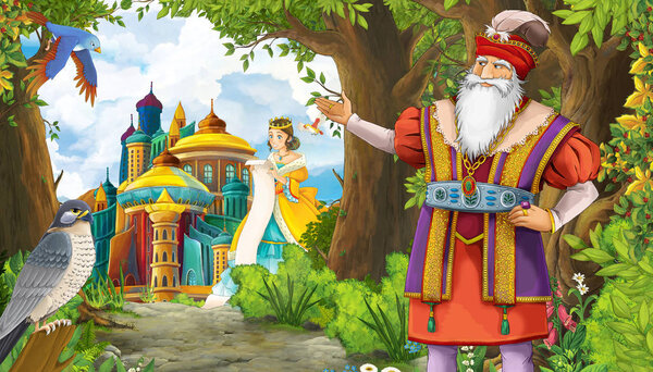 cartoon summer scene with meadow in the forest with beautiful pr