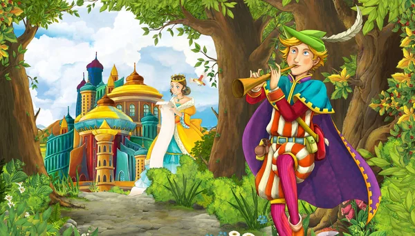 Tecknad sommarscen med äng i skogen med vacker prinsessa flicka — Stockfoto