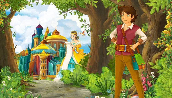 Tegneserie sommer scene med eng i skoven med smukke prinsesse pige - Stock-foto