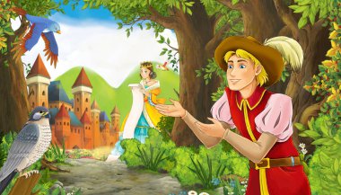 Ormanda çayırların olduğu karikatür yaz sahnesi güzel bir halkla ilişkiler.