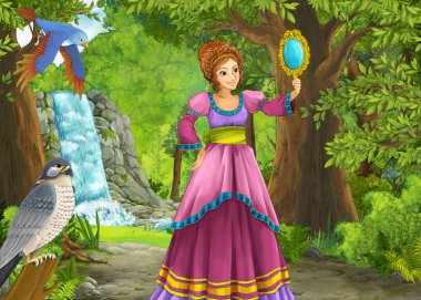 Ormanda çayırların olduğu karikatür yaz sahnesi güzel bir halkla ilişkiler.