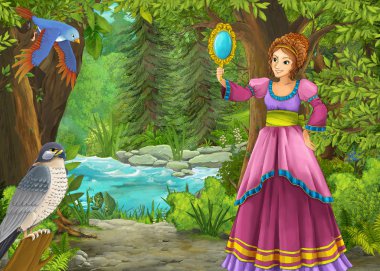 Ormanda çayırların olduğu karikatür yaz sahnesi güzel bir halkla ilişkiler.