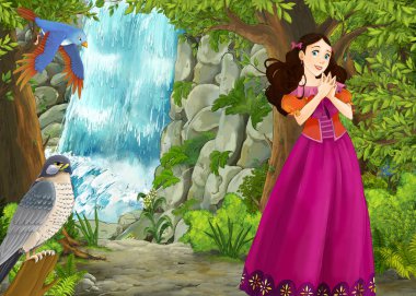 Ormanda çayırların olduğu karikatür yaz sahnesi güzel bir halkla ilişkiler.