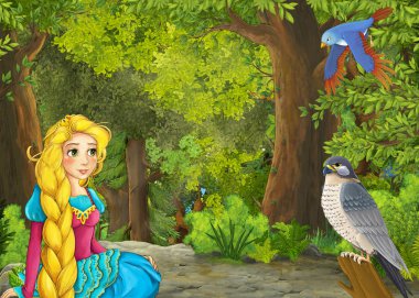 Ormanda çayırların olduğu karikatür yaz sahnesi güzel bir halkla ilişkiler.