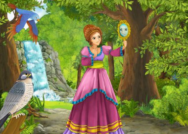 Ormanda çayırların olduğu karikatür yaz sahnesi güzel bir halkla ilişkiler.