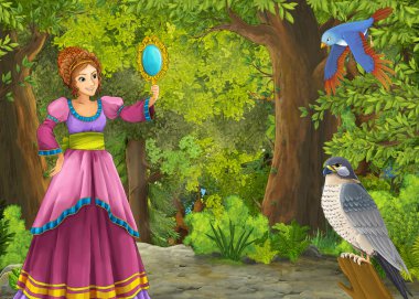 Ormanda çayırların olduğu karikatür yaz sahnesi güzel bir halkla ilişkiler.