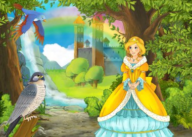 Ormanda çayırların olduğu karikatür yaz sahnesi güzel bir halkla ilişkiler.