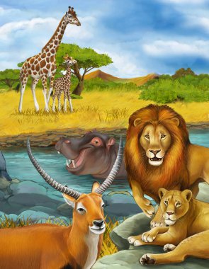 Nehirde antilop suaygırı ve aslan resimli karikatür sahnesi